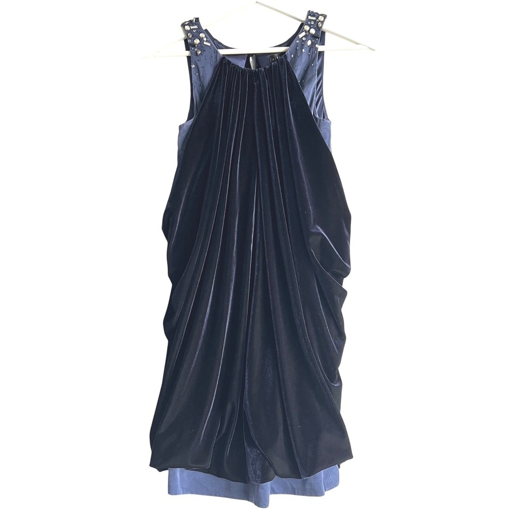 Aidan Mattox Navy Blue Velvet Draped Sleeveless Beaded Mini Cocktail Dress Sz 2